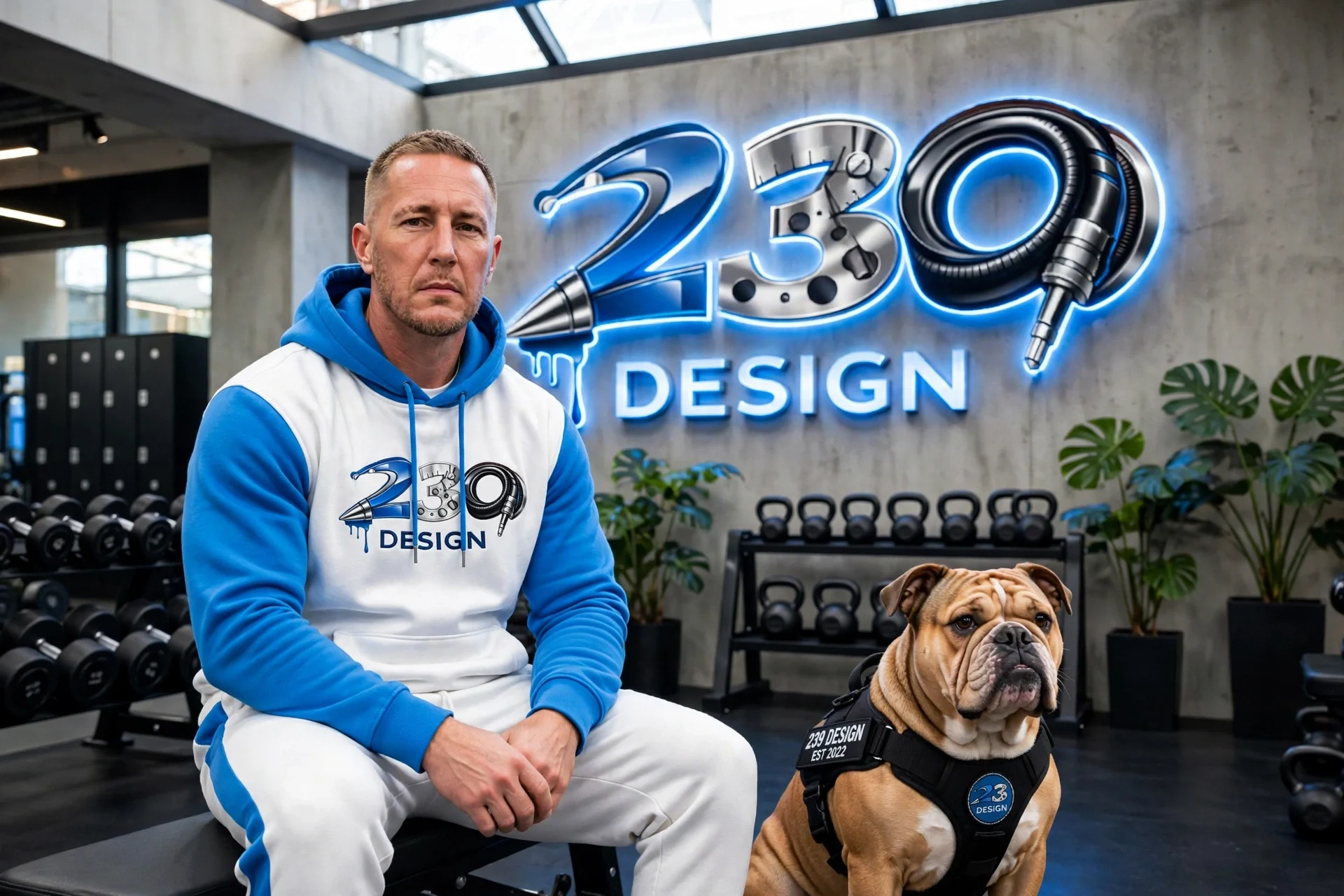 239 Design founder and Cookie wearing blue-and-white branded apparel