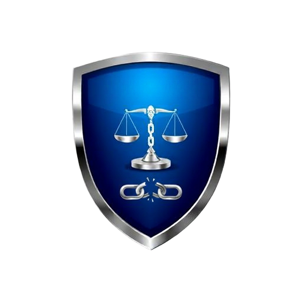 Amen Bail Bonds 239 logo: chrome-blue shield with scales of justice and a broken chain