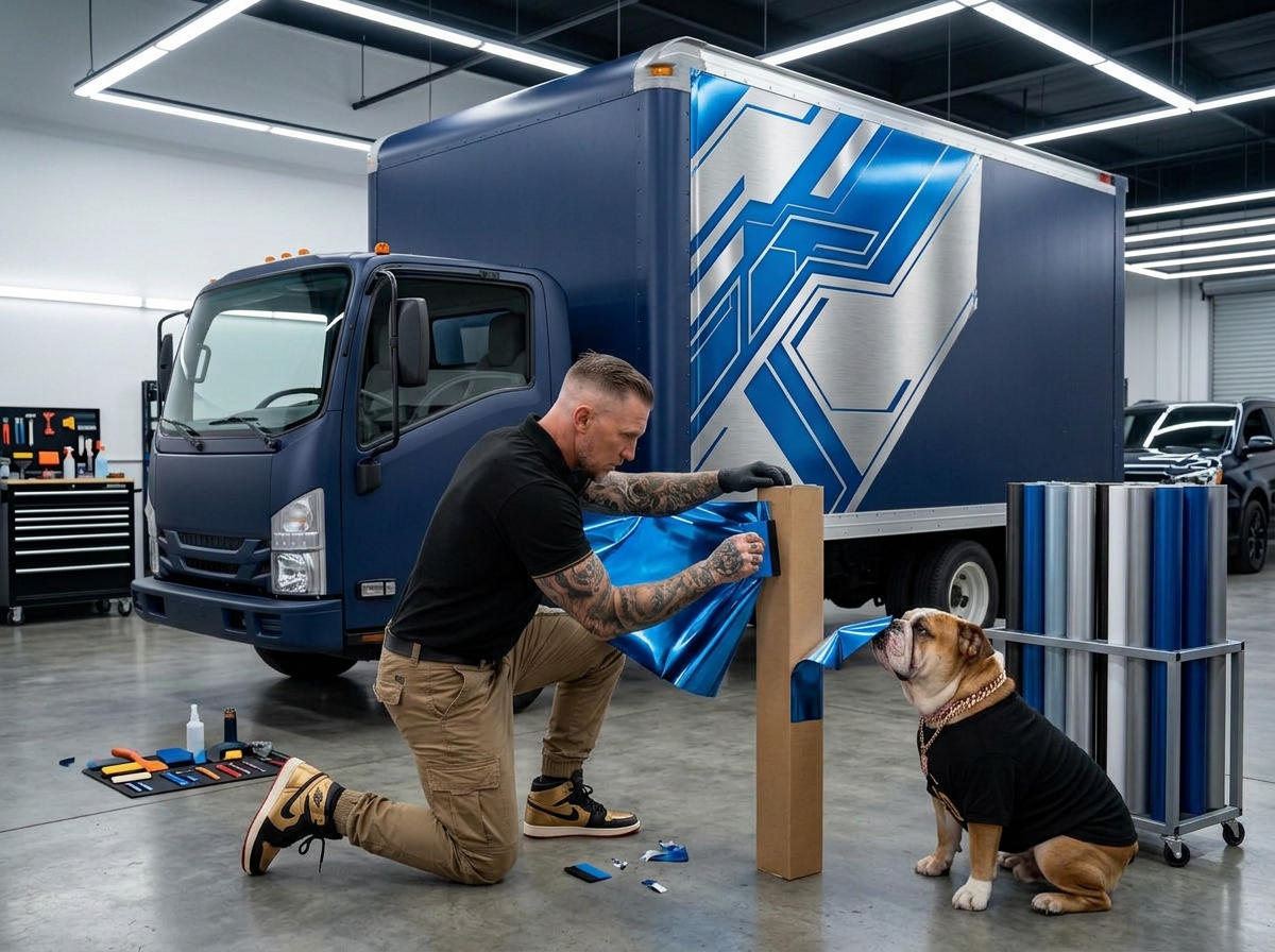 Chrome blue and silver livery panel being applied to an ink-navy box truck in the wrap bay