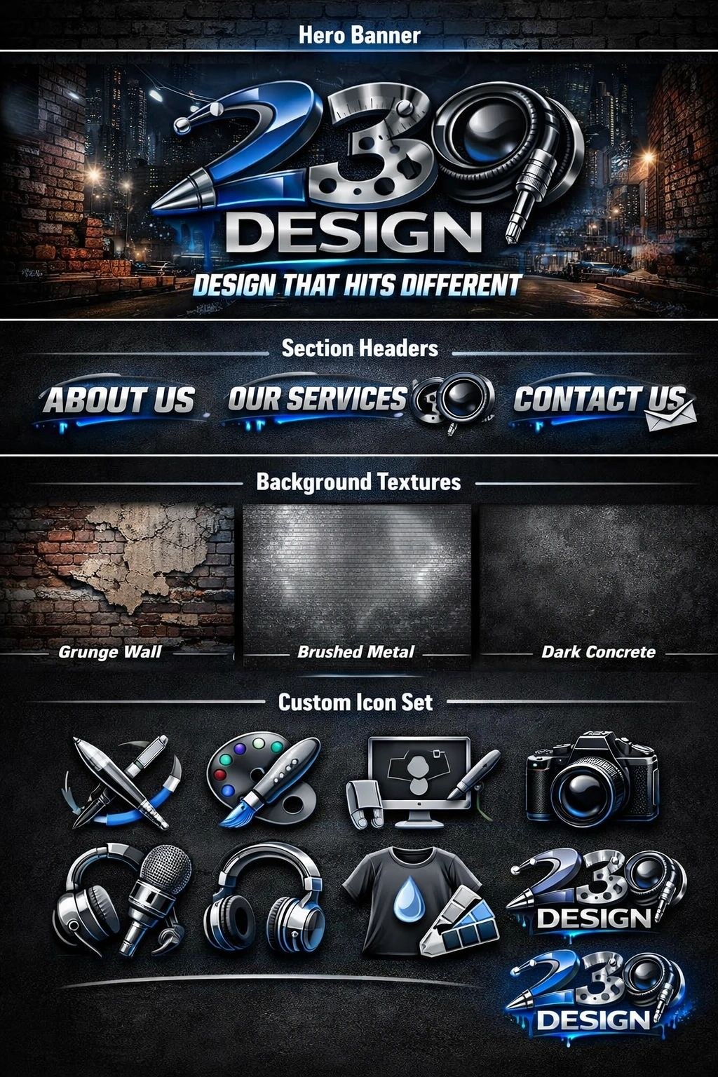 239 Design brand kit sheet: logo variants, chrome blue icons and section headers
